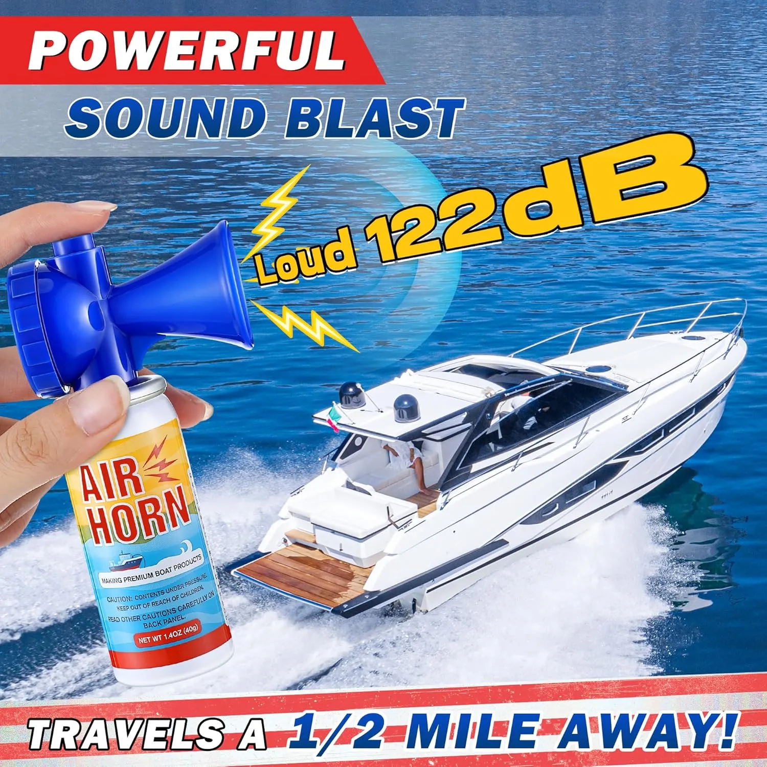 Air Horn, 122dB Very Loud Air Horns Can, Heard Up to 1/2 Mile Away, 1.4OZ Small Boat Air Horns for Safety, Meet US Coast Guard Ideal for Boating, Camping, Hiking, Sporting Events