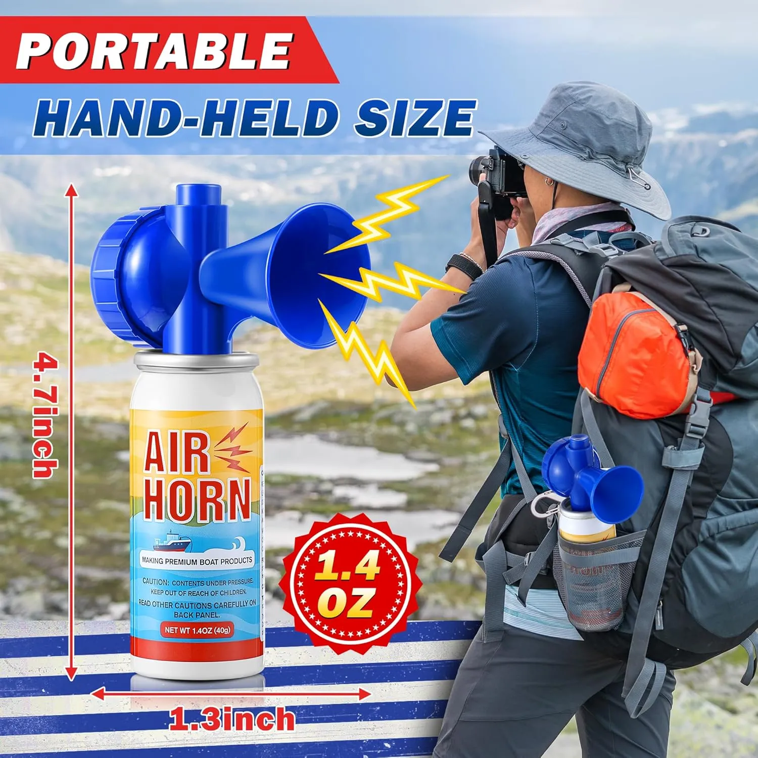 Air Horn, 122dB Very Loud Air Horns Can, Heard Up to 1/2 Mile Away, 1.4OZ Small Boat Air Horns for Safety, Meet US Coast Guard Ideal for Boating, Camping, Hiking, Sporting Events