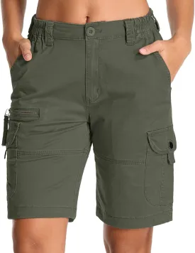 Bermuda Womens Cargo Shorts Lightweight Cotton Casual Hiking Shorts Multi-Pockets Elastic Waist
