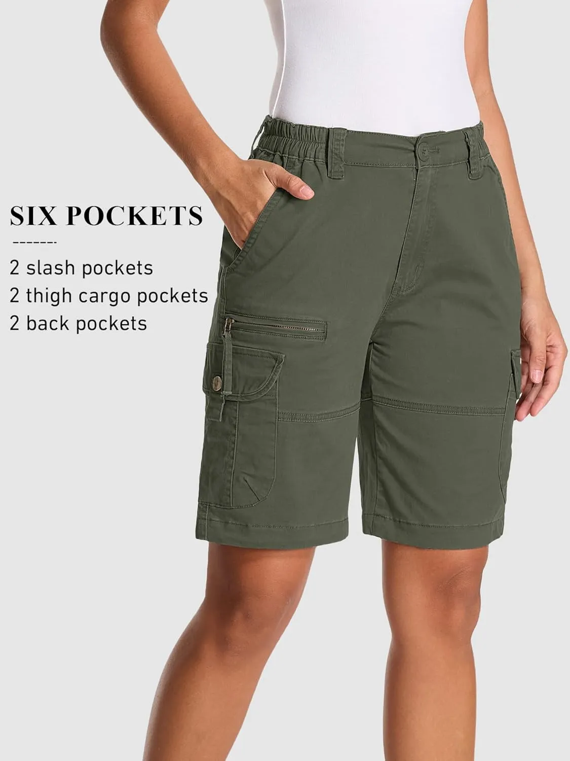 Bermuda Womens Cargo Shorts Lightweight Cotton Casual Hiking Shorts Multi-Pockets Elastic Waist