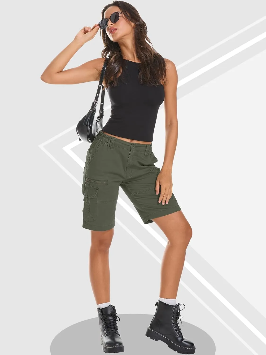 Bermuda Womens Cargo Shorts Lightweight Cotton Casual Hiking Shorts Multi-Pockets Elastic Waist