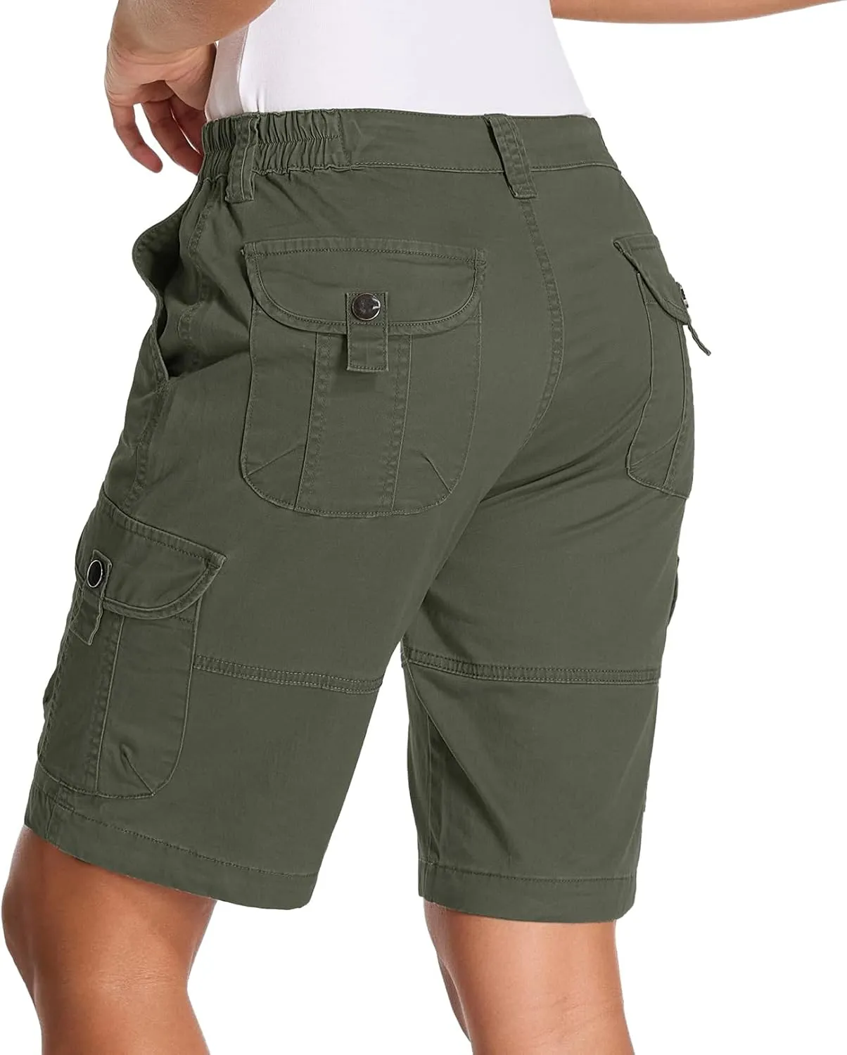 Bermuda Womens Cargo Shorts Lightweight Cotton Casual Hiking Shorts Multi-Pockets Elastic Waist