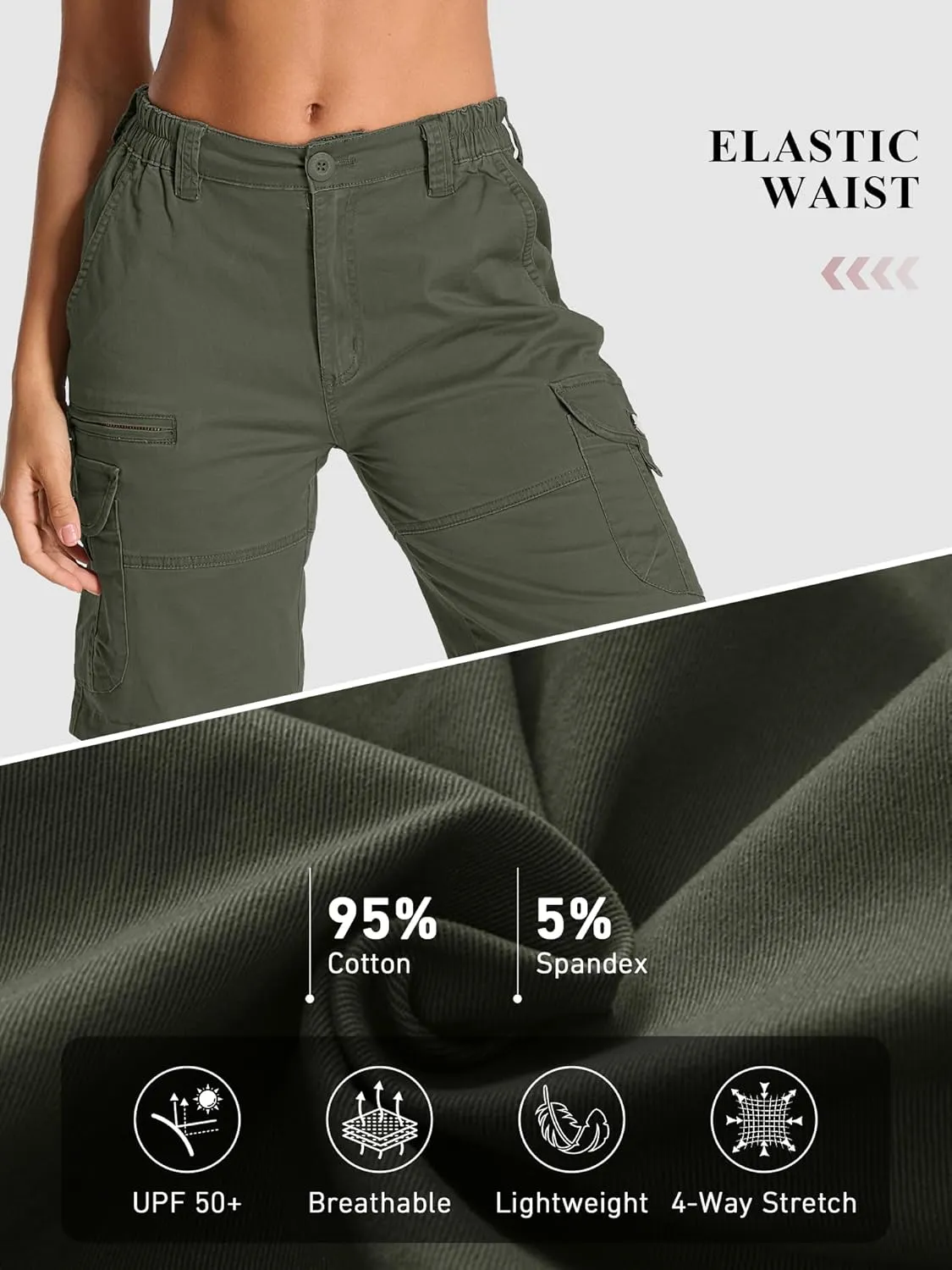 Bermuda Womens Cargo Shorts Lightweight Cotton Casual Hiking Shorts Multi-Pockets Elastic Waist