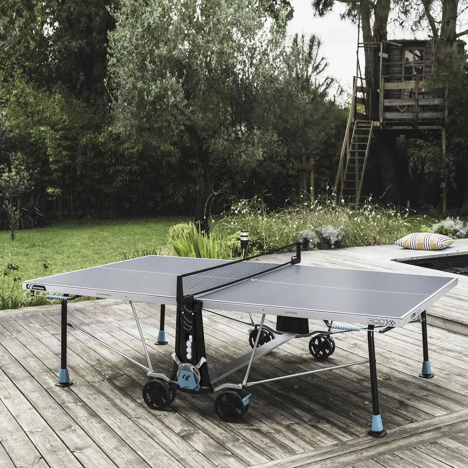 CORNILLEAU - 300X Outdoor Table Tennis Table - 5mm Weatherproof Surface, Anti-Glare Coating, Compact Folding Design, Storage for Paddles & Balls - Blue or Grey