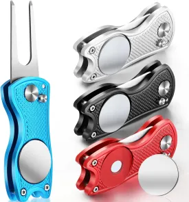 Foldable Golf Divot Tool with Button and Magnetic Ball Marker 4 Pieces Switchblade Divot Repair Tool Golf Ball Mark Repair Tool Stainless Steel Divot Repair Ball Marker for Golf Club, 4 Colors