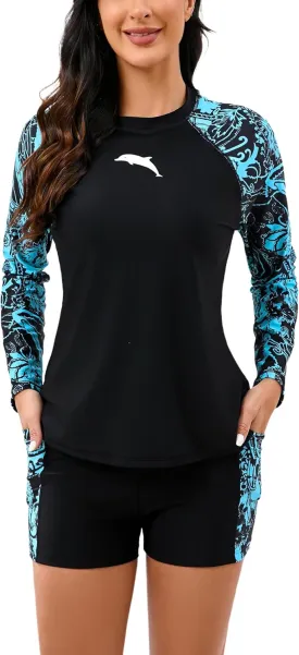 Halcurt Women's Built in Bra Rash Guard Long Sleeve Swimwear UPF 50 Two Piece Swim Shorts and Tops