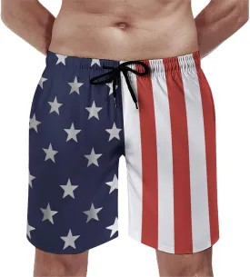 Mens American Flag Swim Trunks with Compression Liner 4th of July Patriotic Bathing Suit Quick Dry 2 in 1 Board Shorts