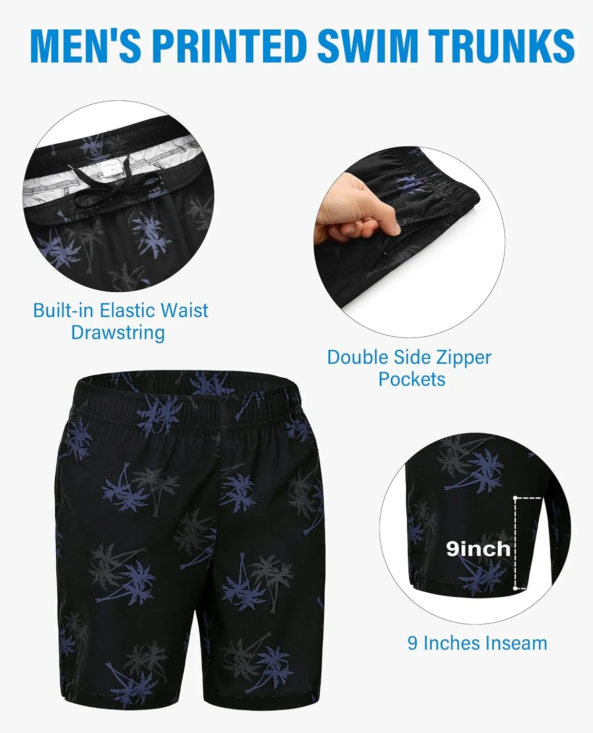 Men's Swim Trunks 9 Inch Printed Quick Dry Swim Shorts with Zipper Pocket No Liner Board Shorts Bathing Suit