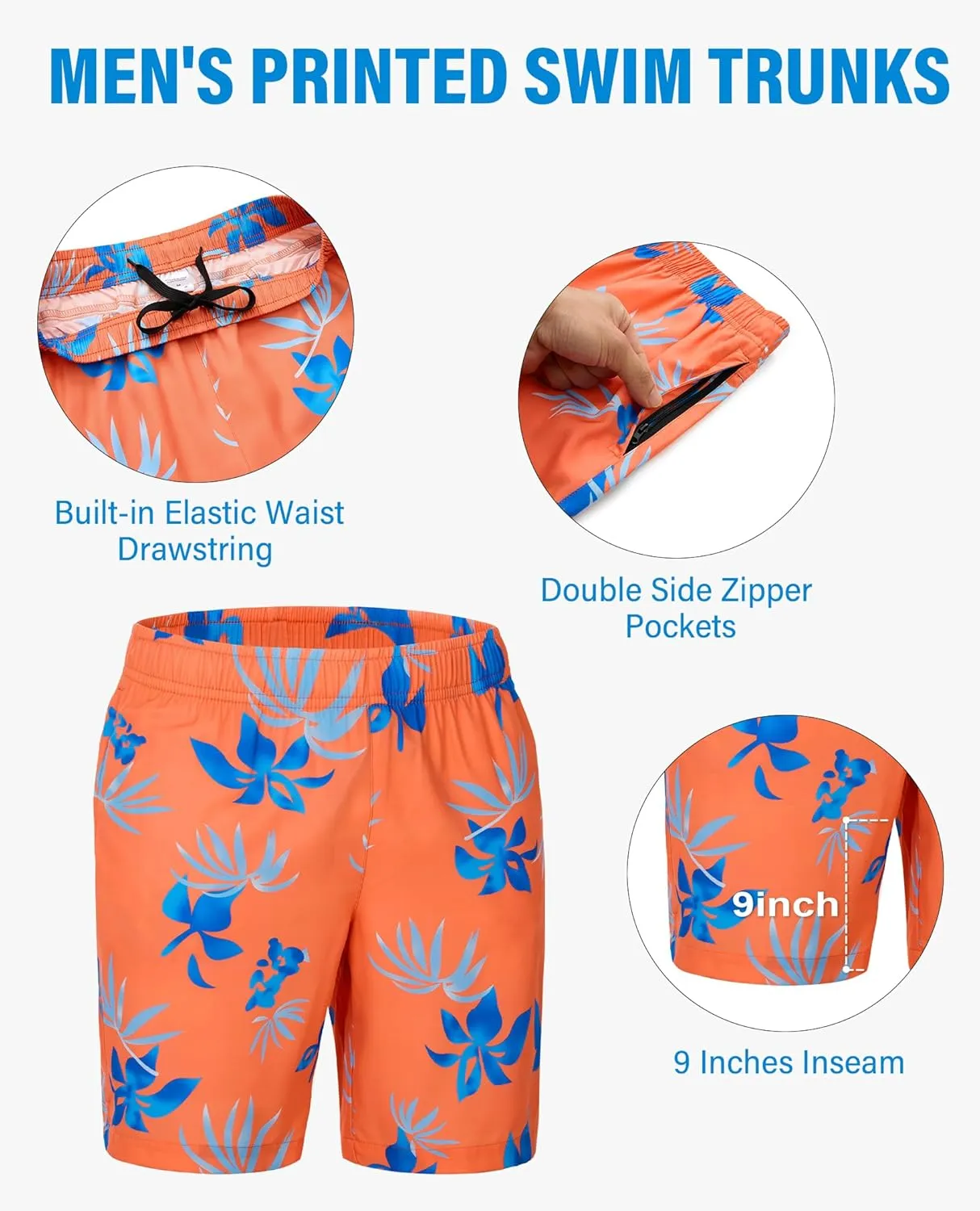 Men's Swim Trunks 9 Inch Printed Quick Dry Swim Shorts with Zipper Pocket No Liner Board Shorts Bathing Suit