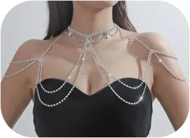 Sexy Rhinestone Shoulder Body Chain Jewelry,Multi-layered Waterdrop Rhinestone Bridal Back Chain Necklace Sexy Festival Rave Crystal Shoulder Chain Wedding Backdrop Jewelry for Women