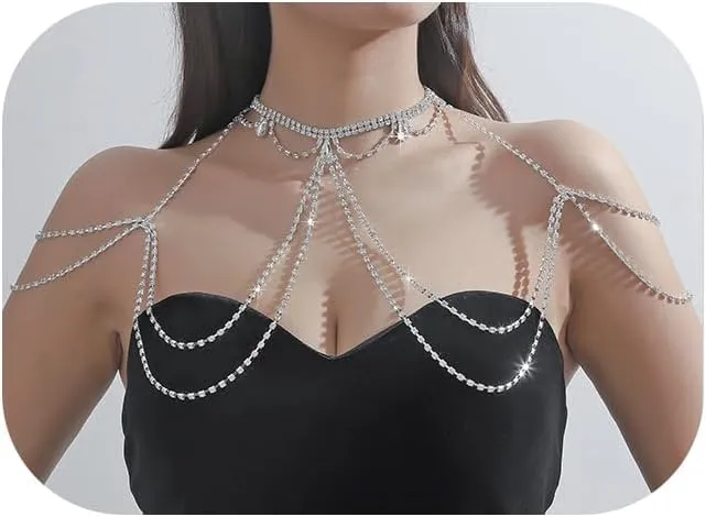 Sexy Rhinestone Shoulder Body Chain Jewelry,Multi-layered Waterdrop Rhinestone Bridal Back Chain Necklace Sexy Festival Rave Crystal Shoulder Chain Wedding Backdrop Jewelry for Women