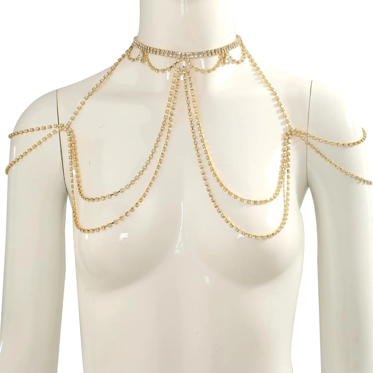 Sexy Rhinestone Shoulder Body Chain Jewelry,Multi-layered Waterdrop Rhinestone Bridal Back Chain Necklace Sexy Festival Rave Crystal Shoulder Chain Wedding Backdrop Jewelry for Women