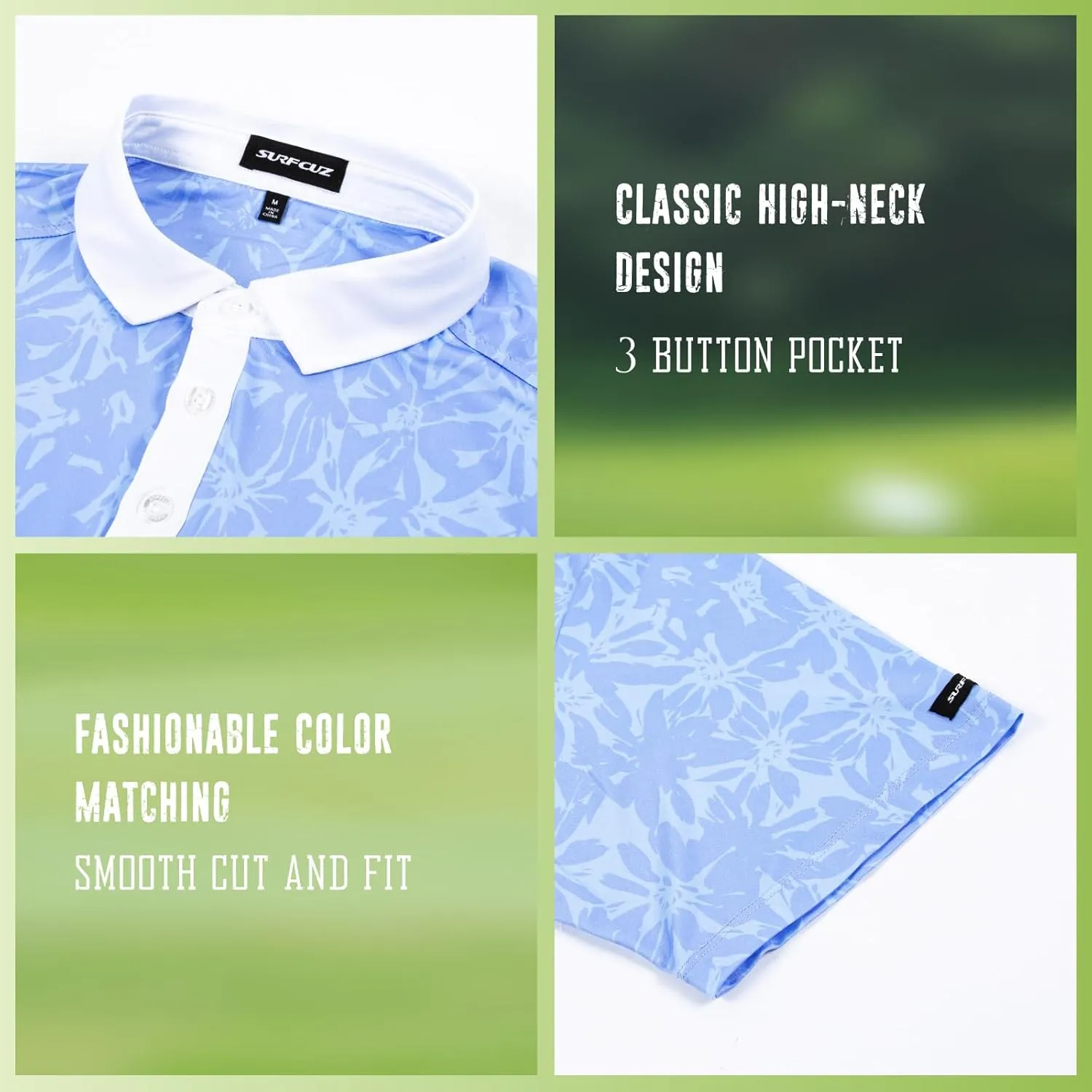 SURF CUZ Golf Shirt Moisture Wicking for Men Dry Fit Polo Shirts Short Sleeve Print Performance 4-Way Stretch